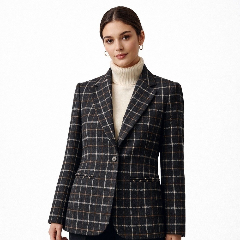 Vtg 90s‎ Requirements Plaid Blazer 8P Wool Blend Dark Academia Lined Brown 26"